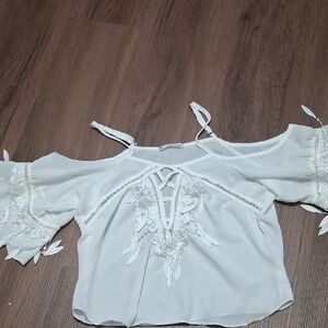 Cream Embellished Crop Blouse with 3/4 Sleeves